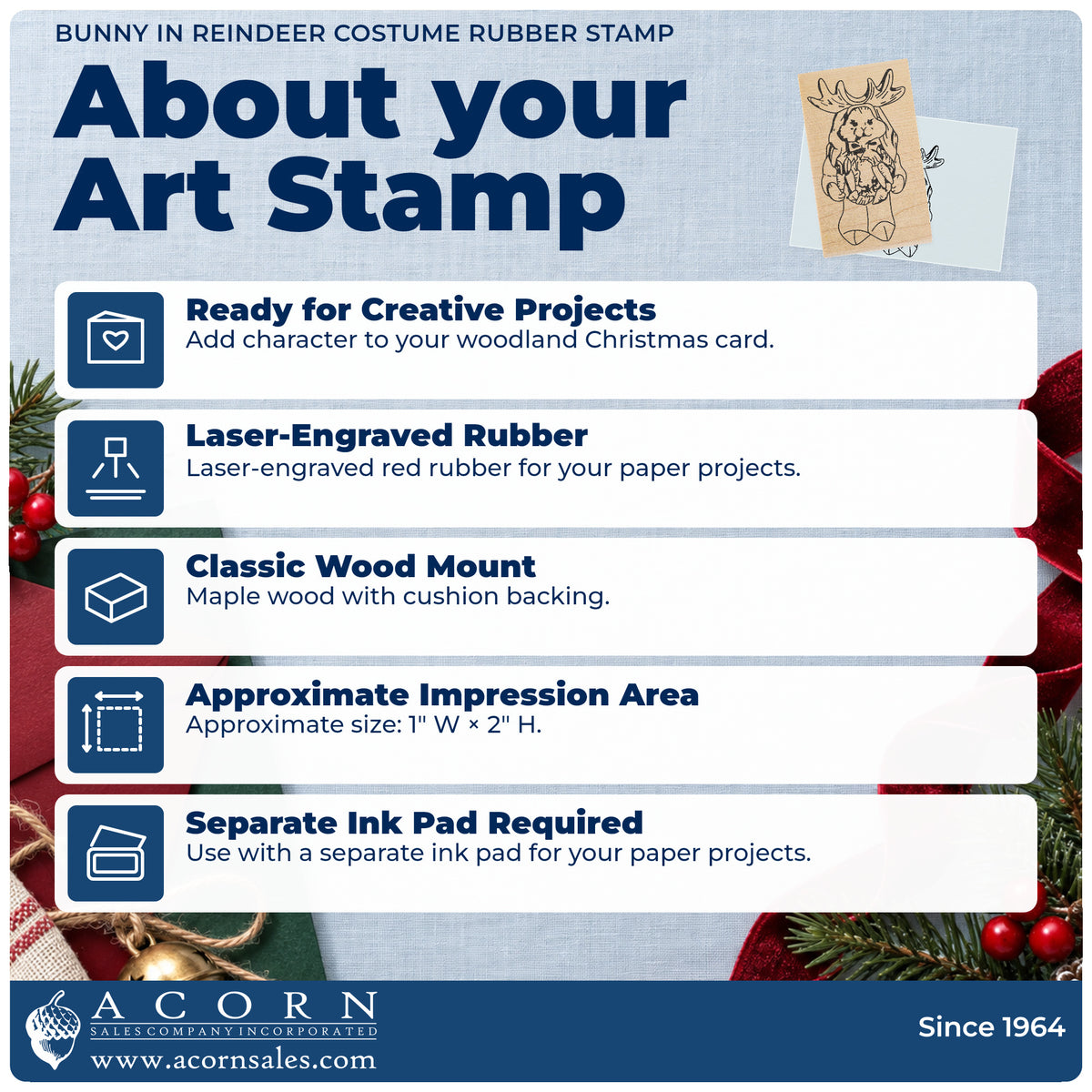 Bunny in Reindeer Costume Rubber Stamp feature guide covering the wood mount, rubber construction, approximate size and separate ink pad.