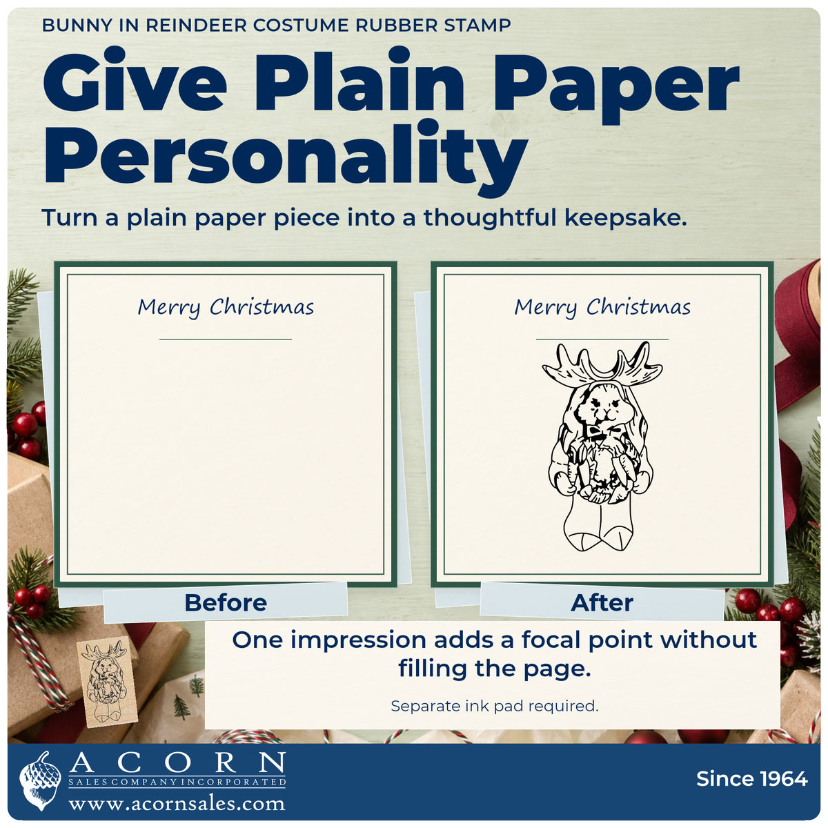 Bunny in Reindeer Costume Rubber Stamp before-and-after infographic comparing plain paper with the stamped project.