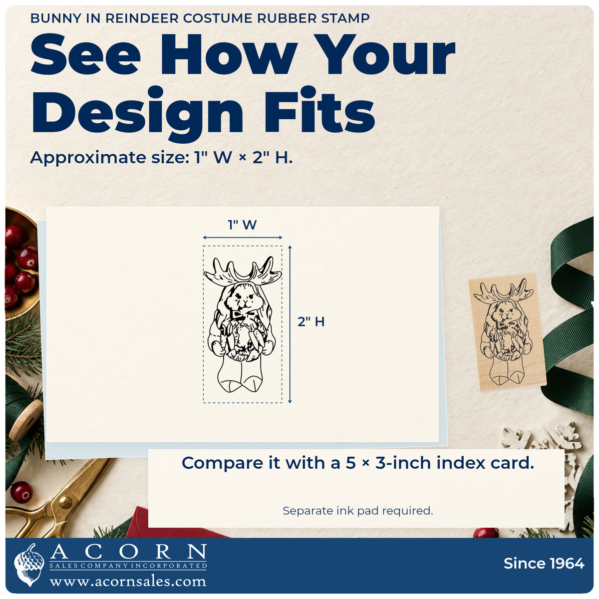 Bunny in Reindeer Costume Rubber Stamp impression-size guide showing the design on a paper reference with dimension labels.