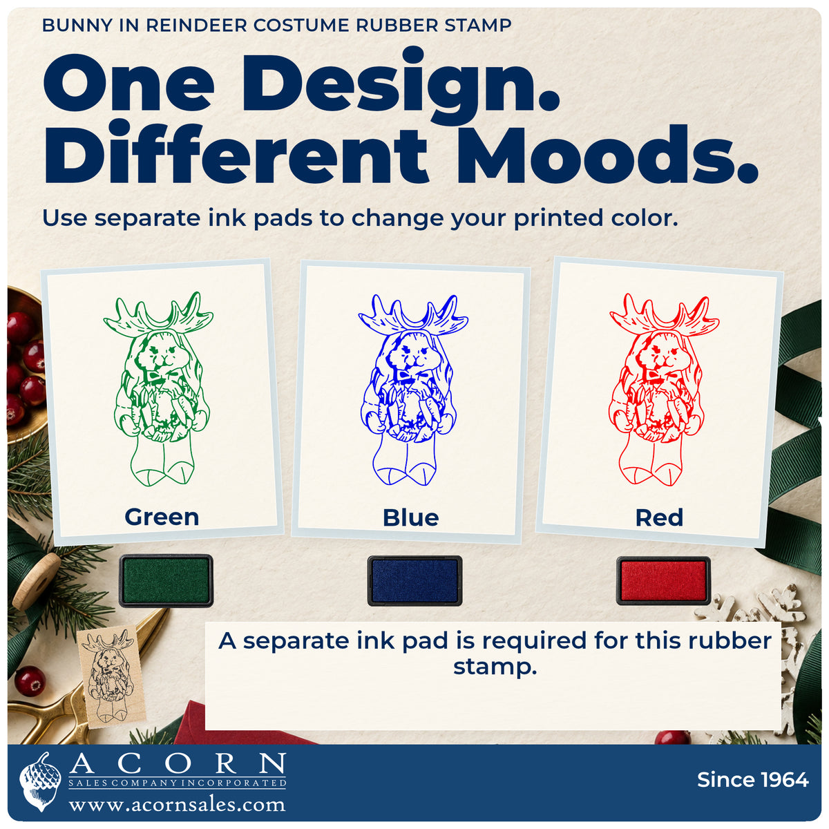 Bunny in Reindeer Costume Rubber Stamp ink-color infographic comparing three single-color impressions and a separate ink pad.