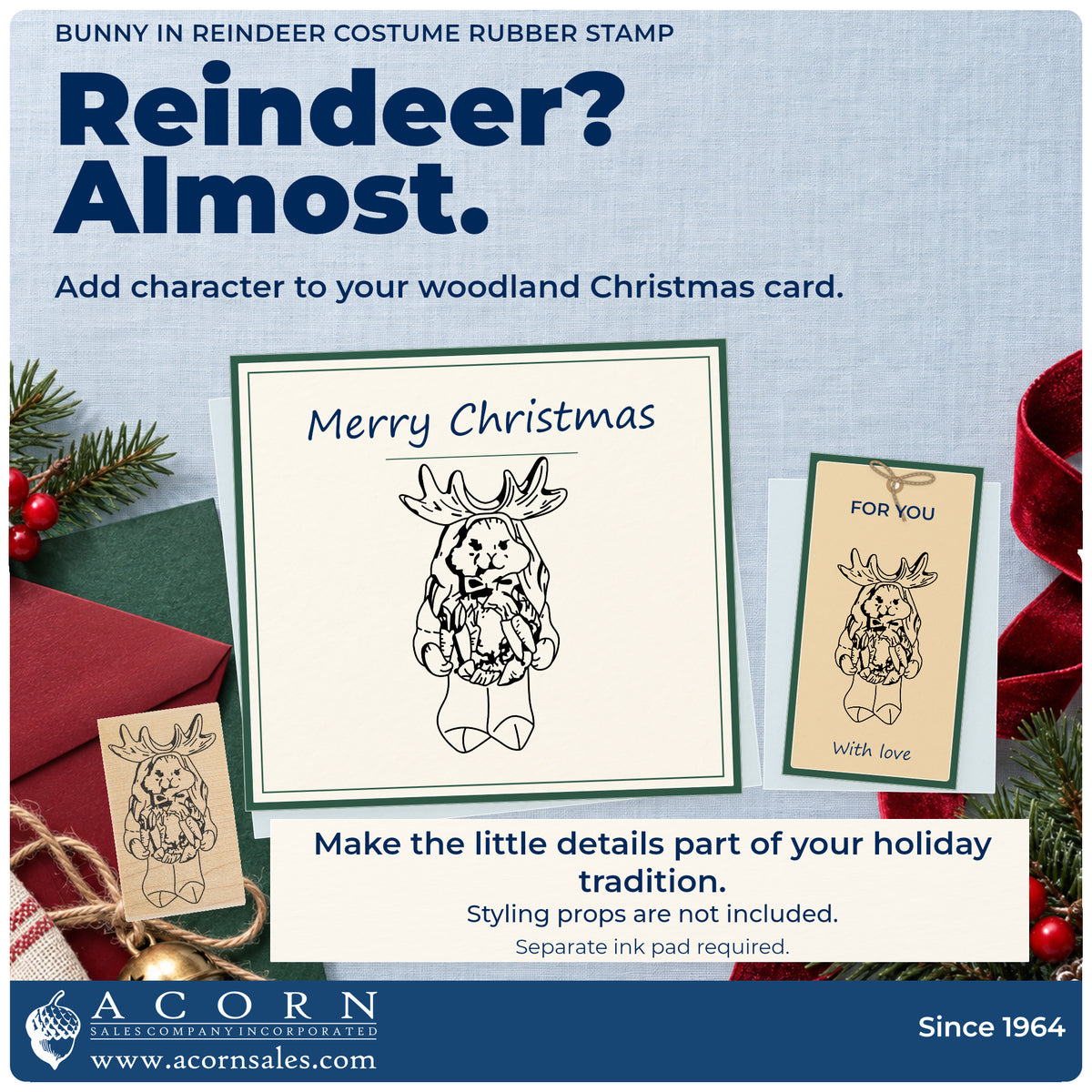 Bunny in Reindeer Costume Rubber Stamp project inspiration: woodland Christmas card.