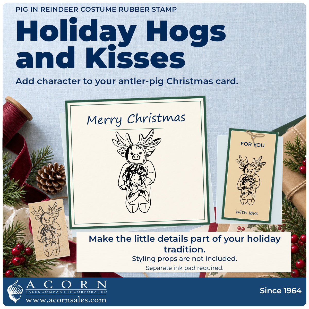 Pig in Reindeer Costume Rubber Stamp project inspiration: antler pig Christmas card.