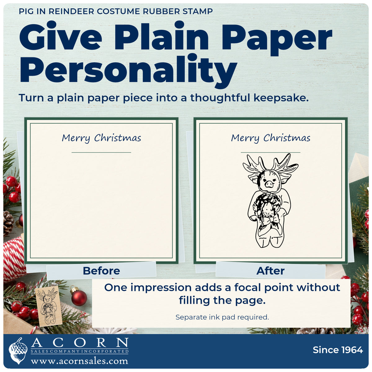 Pig in Reindeer Costume Rubber Stamp before-and-after infographic comparing plain paper with the stamped project.