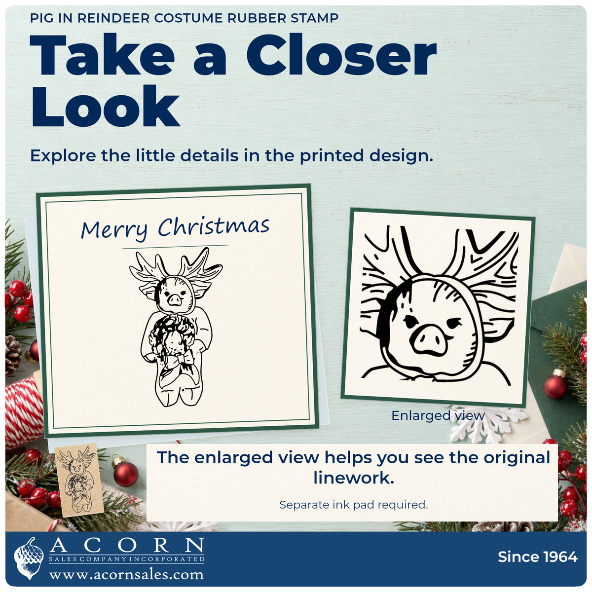Pig in Reindeer Costume Rubber Stamp detail infographic with an enlarged view of the printed design.