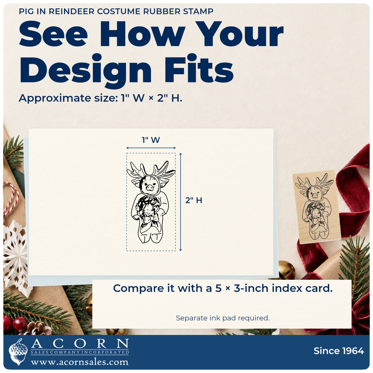 Pig in Reindeer Costume Rubber Stamp impression-size guide showing the design on a paper reference with dimension labels.