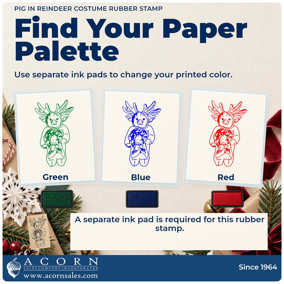 Pig in Reindeer Costume Rubber Stamp ink-color infographic comparing three single-color impressions and a separate ink pad.