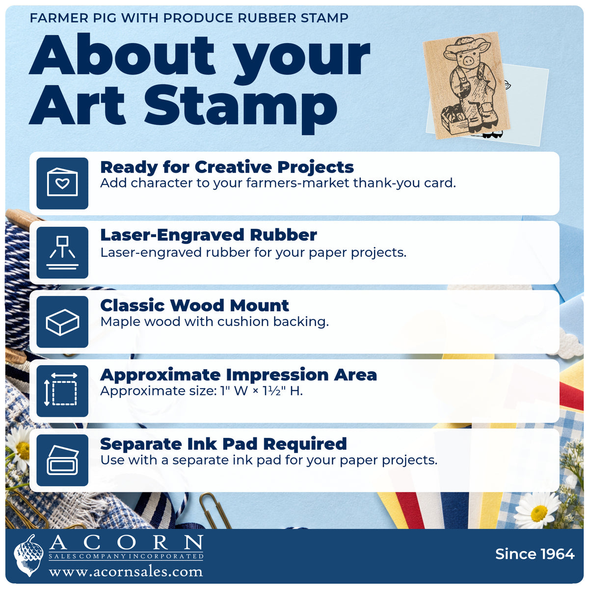 Farmer Pig with Produce Rubber Stamp feature guide covering the wood mount, rubber construction, approximate size and separate ink pad.