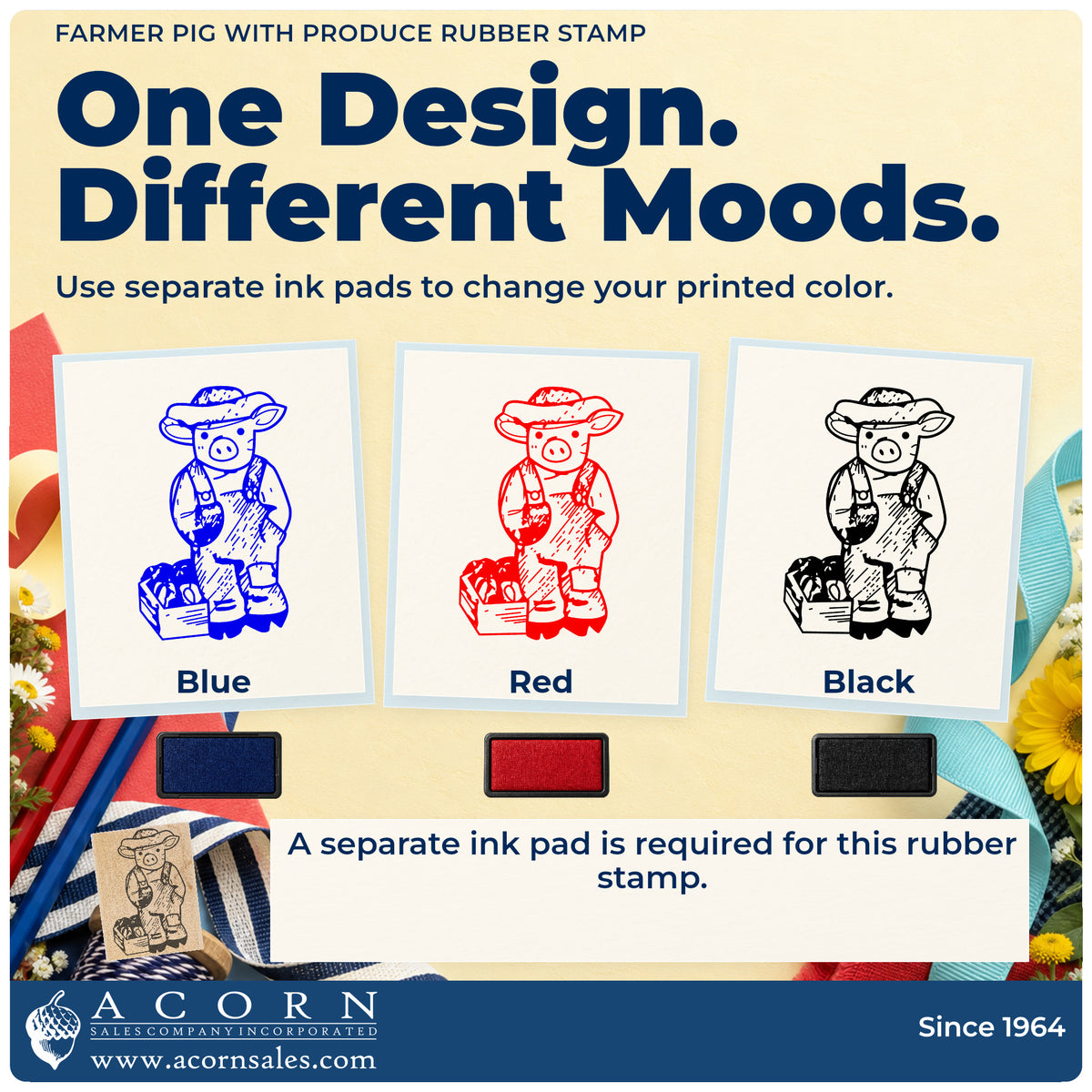 Farmer Pig with Produce Rubber Stamp ink-color infographic comparing three single-color impressions and a separate ink pad.