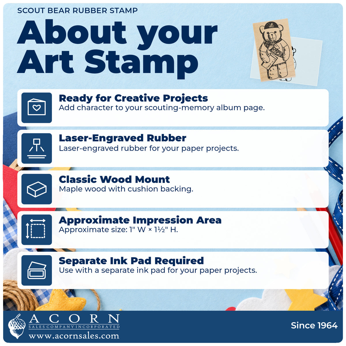Scout Bear Rubber Stamp feature guide covering the wood mount, rubber construction, approximate size and separate ink pad.