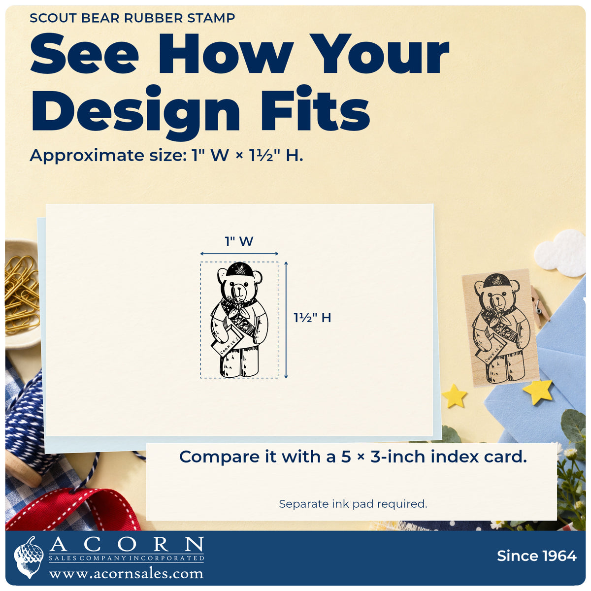 Scout Bear Rubber Stamp impression-size guide showing the design on a paper reference with dimension labels.
