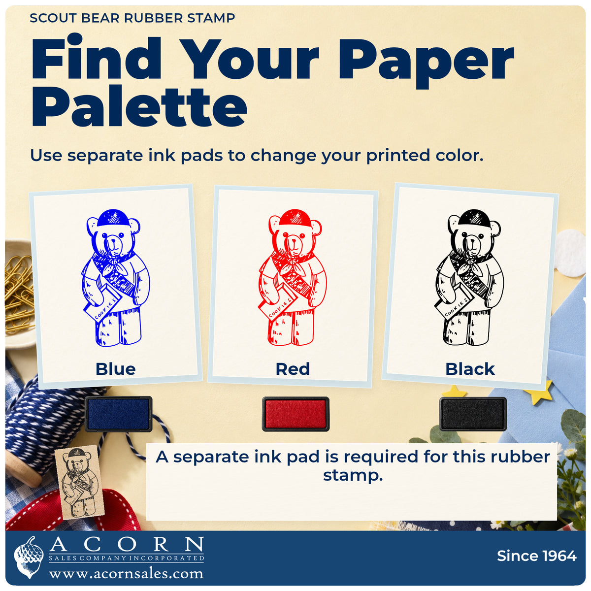 Scout Bear Rubber Stamp ink-color infographic comparing three single-color impressions and a separate ink pad.