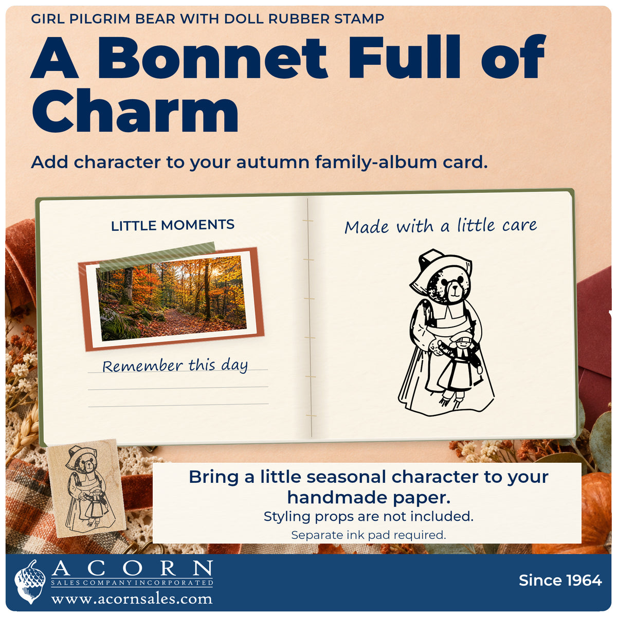 Girl Pilgrim Bear with Doll Rubber Stamp project inspiration: autumn family album card.