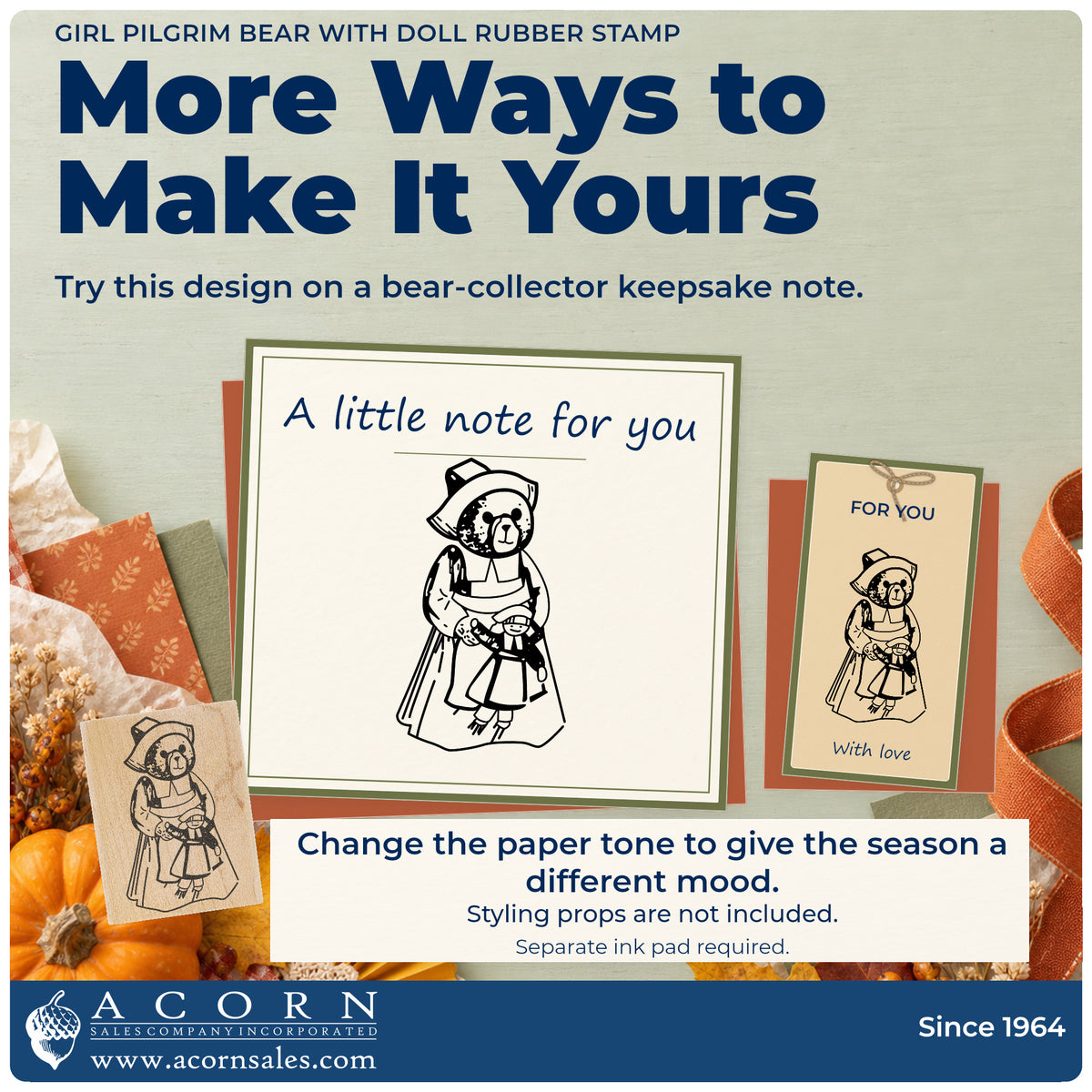 Girl Pilgrim Bear with Doll Rubber Stamp project inspiration: bear collector keepsake note.