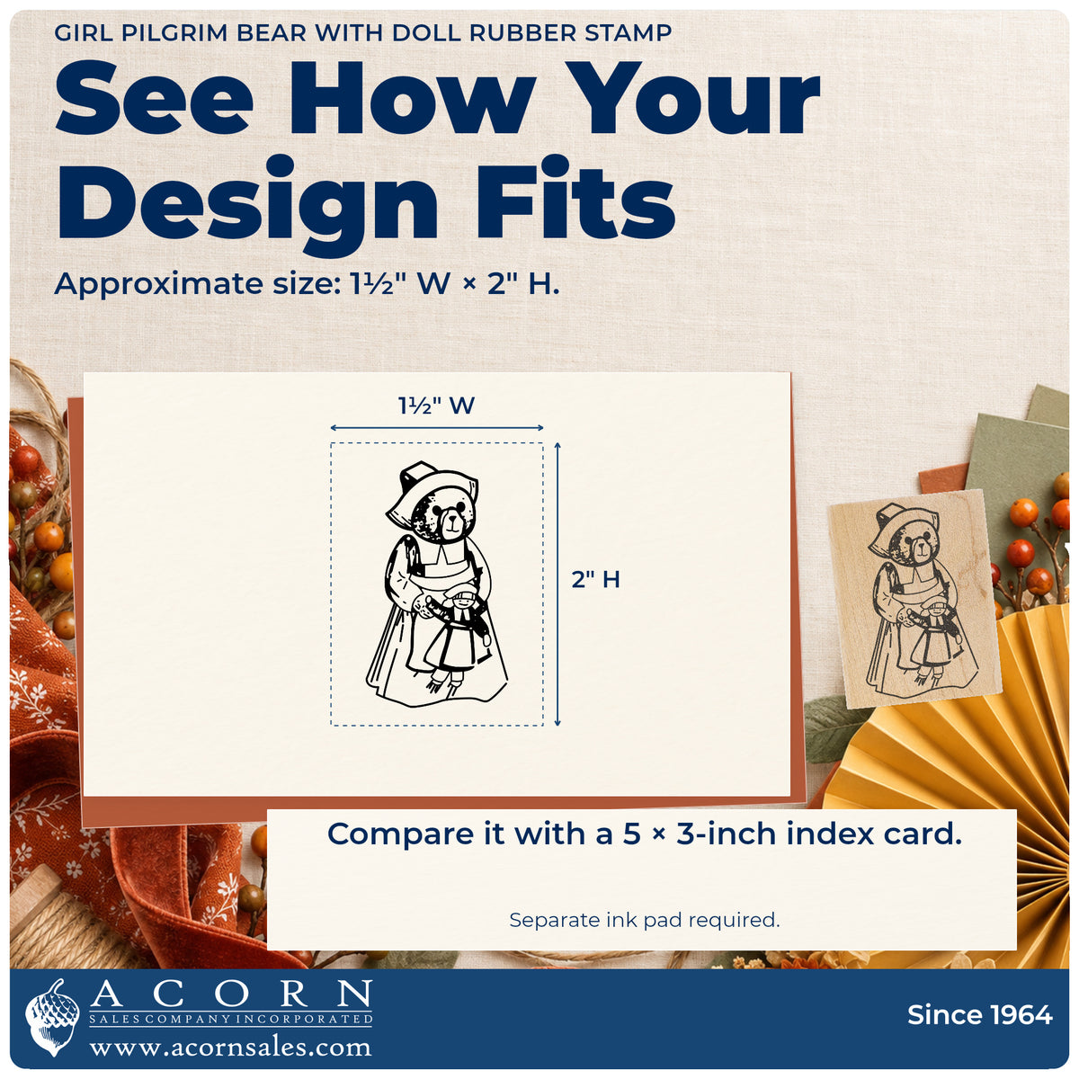 Girl Pilgrim Bear with Doll Rubber Stamp impression-size guide showing the design on a paper reference with dimension labels.