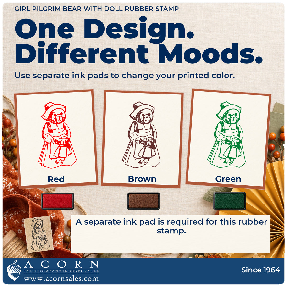 Girl Pilgrim Bear with Doll Rubber Stamp ink-color infographic comparing three single-color impressions and a separate ink pad.
