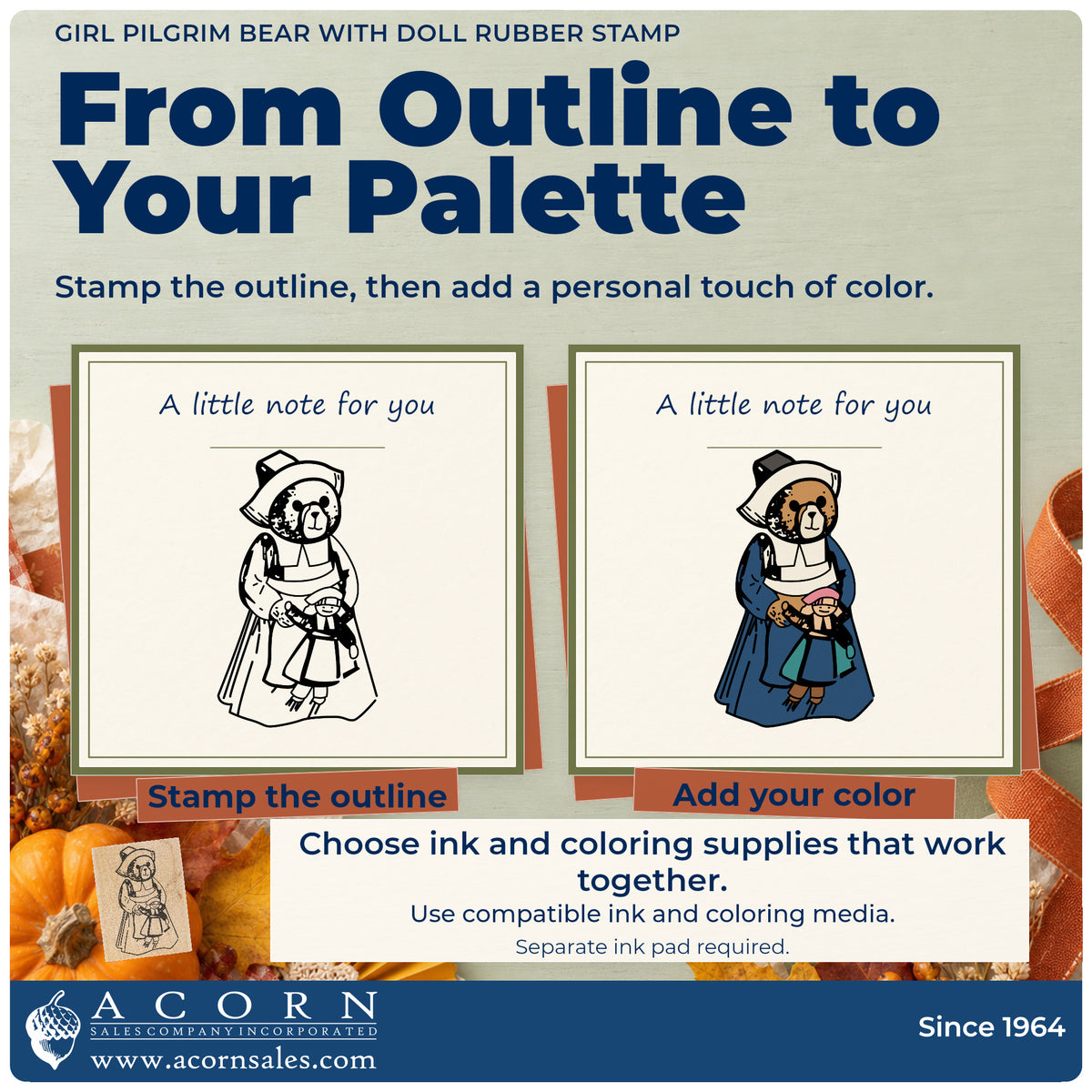 Girl Pilgrim Bear with Doll Rubber Stamp stamp-and-color guide comparing an outline impression with a colored example.