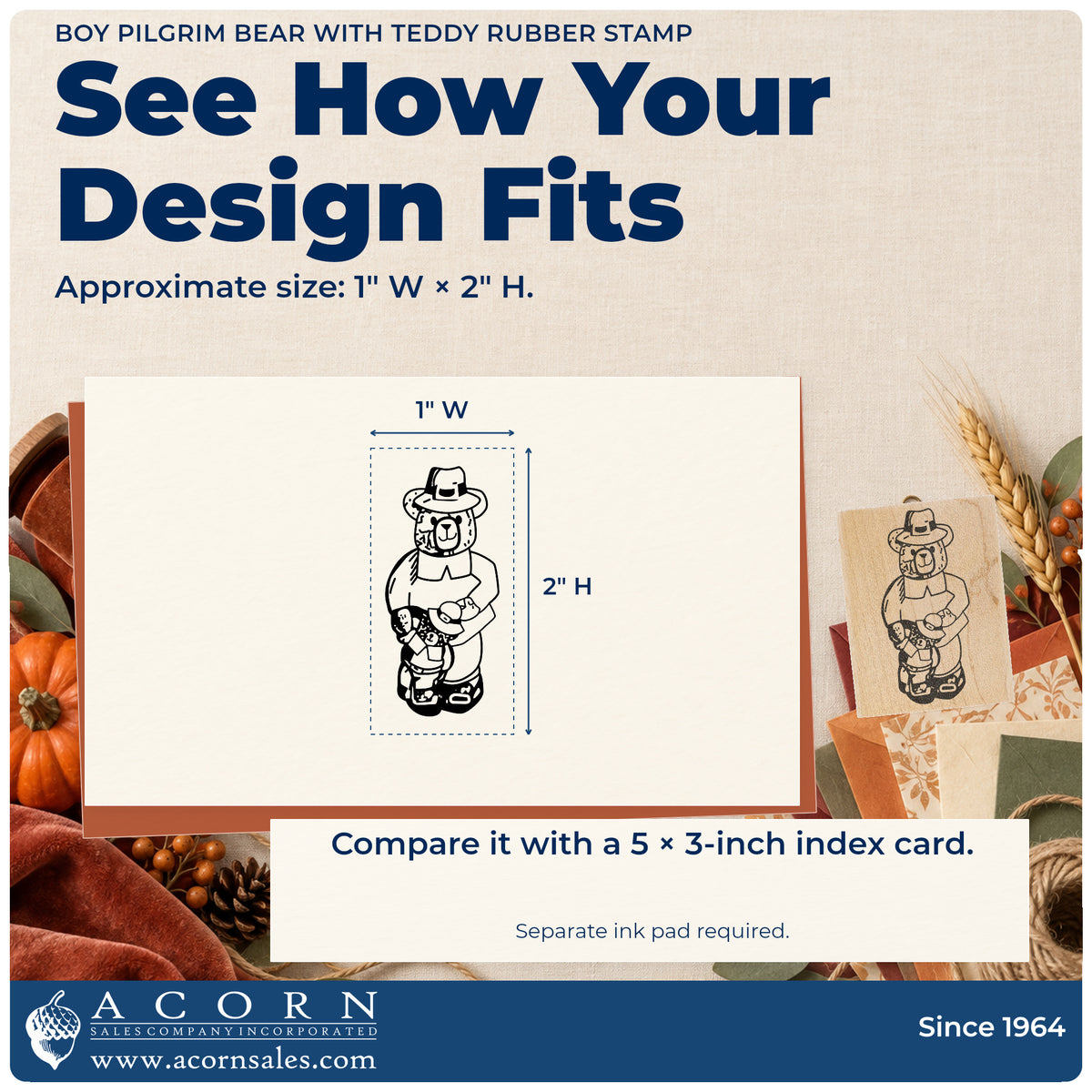 Boy Pilgrim Bear with Teddy Rubber Stamp impression-size guide showing the design on a paper reference with dimension labels.