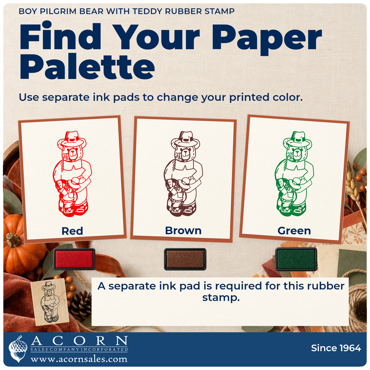 Boy Pilgrim Bear with Teddy Rubber Stamp ink-color infographic comparing three single-color impressions and a separate ink pad.