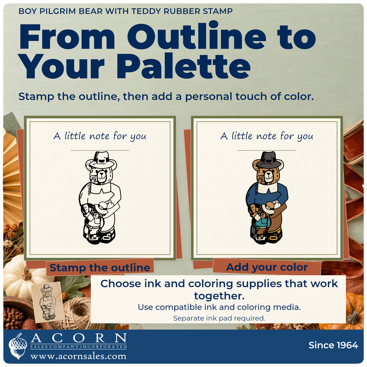Boy Pilgrim Bear with Teddy Rubber Stamp stamp-and-color guide comparing an outline impression with a colored example.