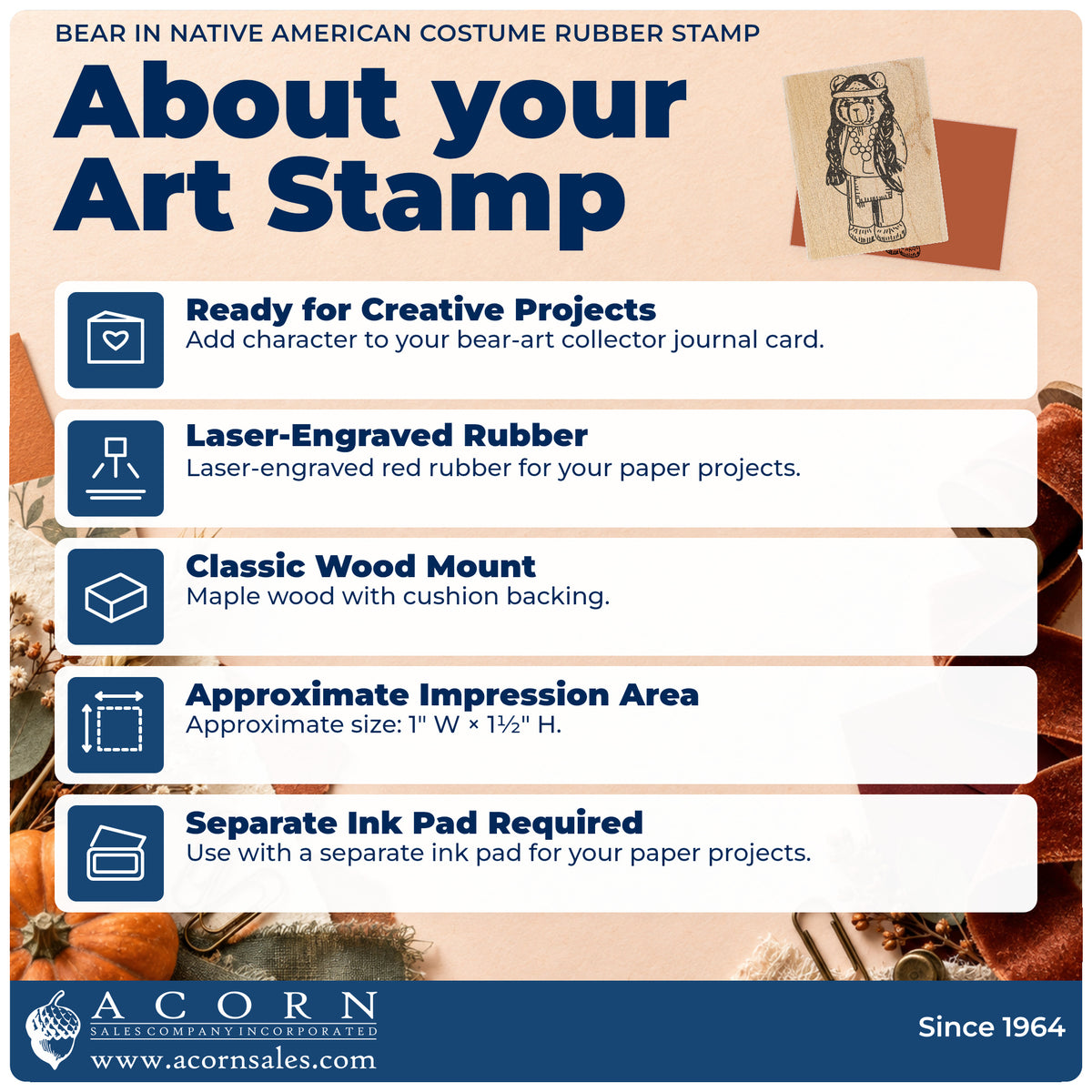 Bear in Native American Costume Rubber Stamp feature guide covering the wood mount, rubber construction, approximate size and separate ink pad.