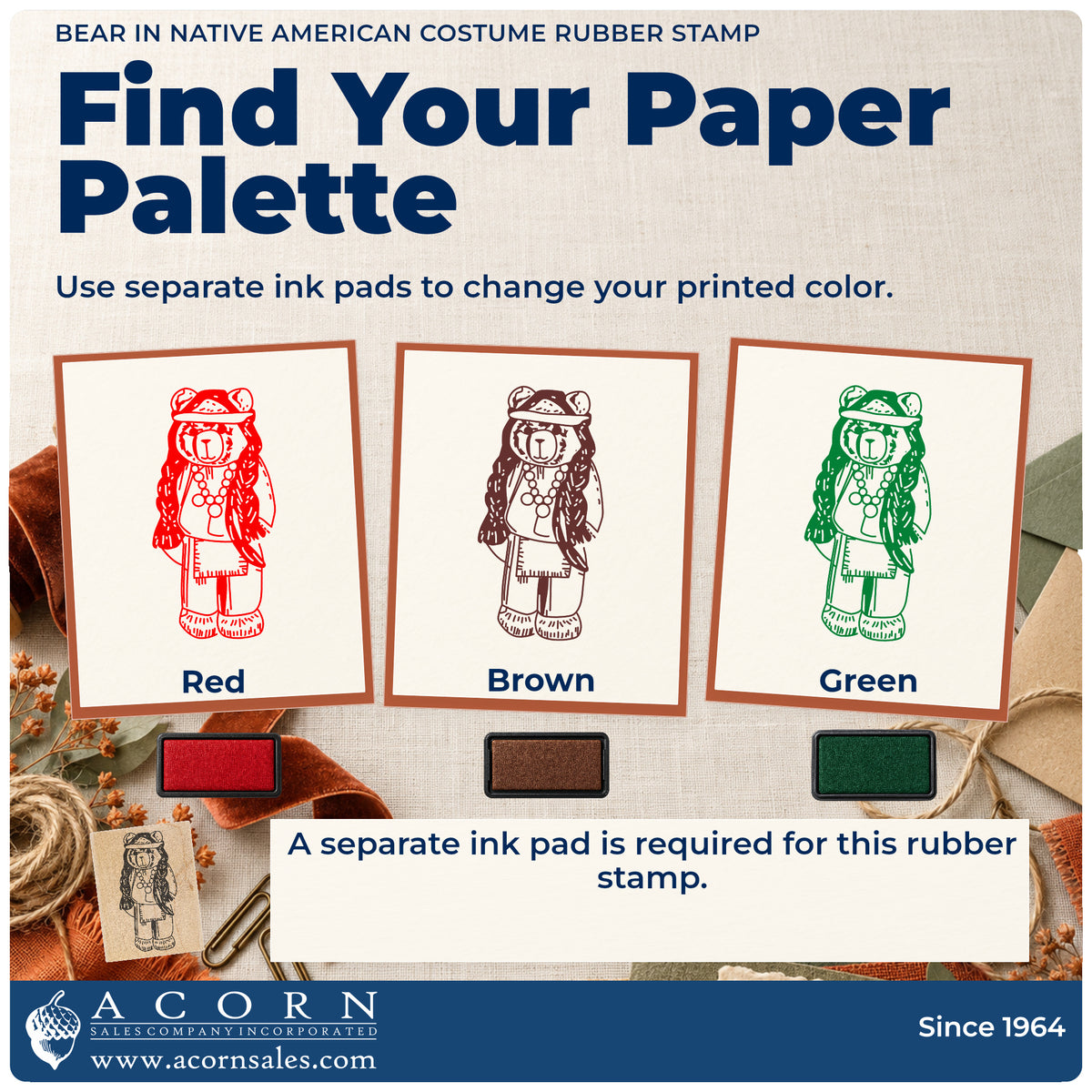Bear in Native American Costume Rubber Stamp ink-color infographic comparing three single-color impressions and a separate ink pad.