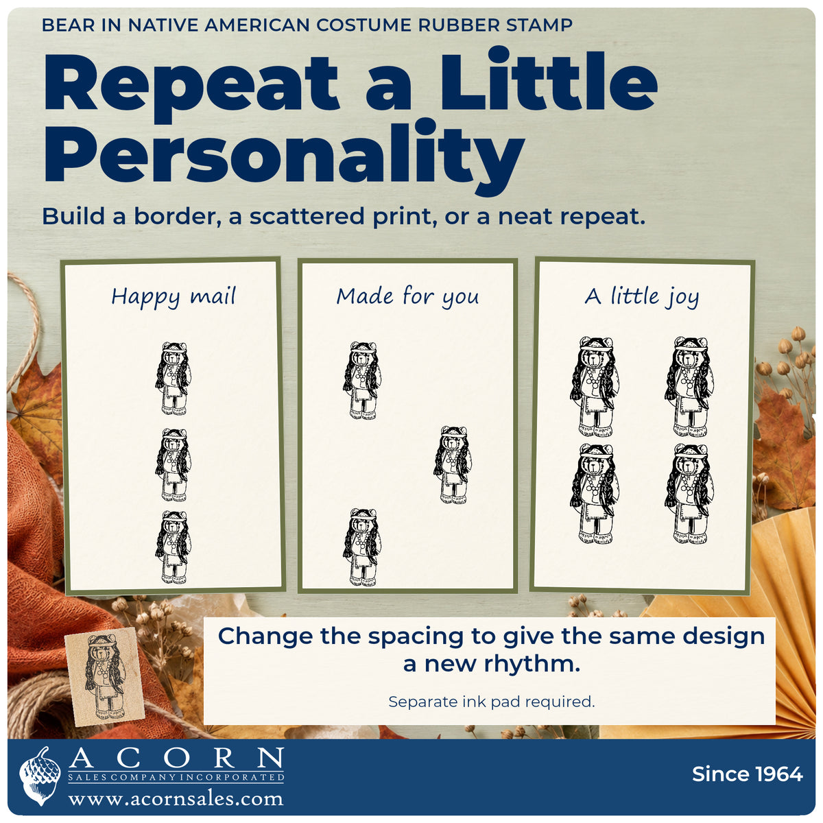 Bear in Native American Costume Rubber Stamp pattern guide showing repeated impressions in borders, scattered prints and a grid.