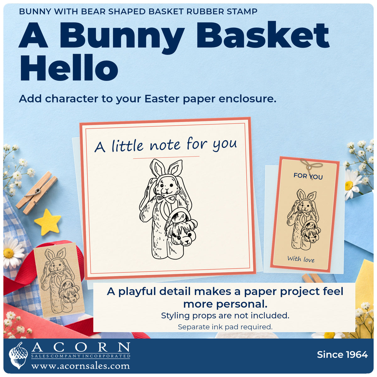 Bunny with Bear Shaped Basket Rubber Stamp project inspiration: Easter paper enclosure.