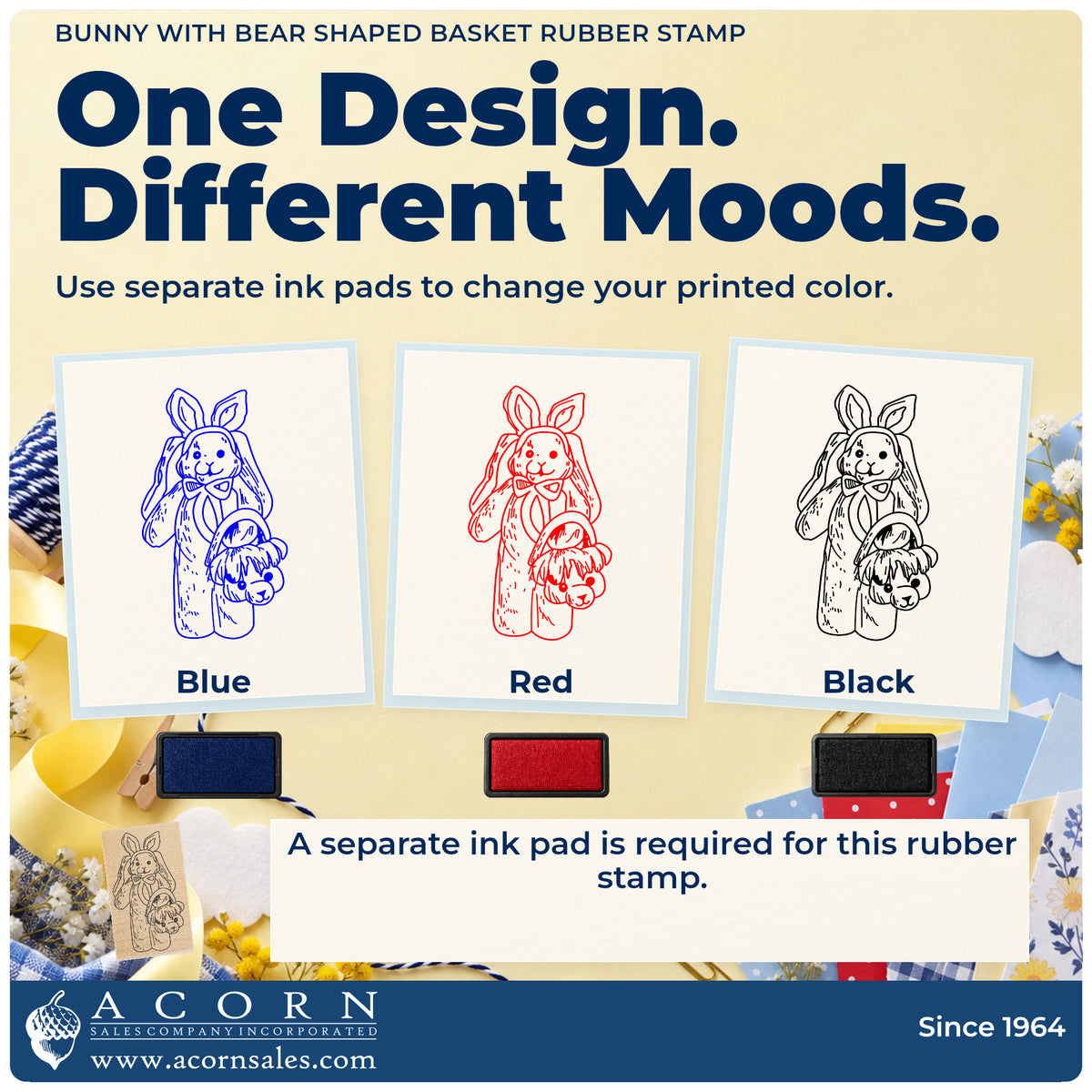 Bunny with Bear Shaped Basket Rubber Stamp ink-color infographic comparing three single-color impressions and a separate ink pad.