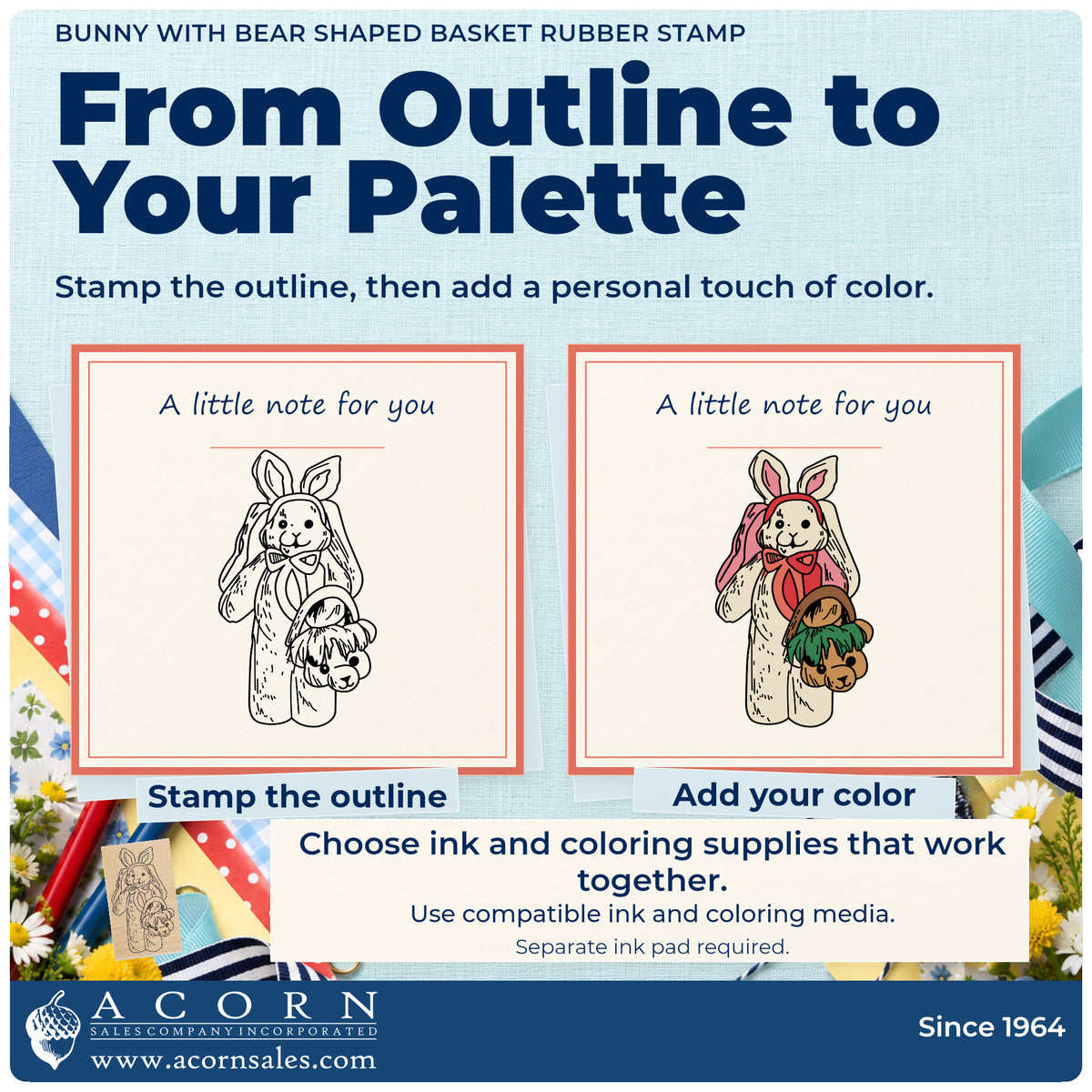 Bunny with Bear Shaped Basket Rubber Stamp stamp-and-color guide comparing an outline impression with a colored example.