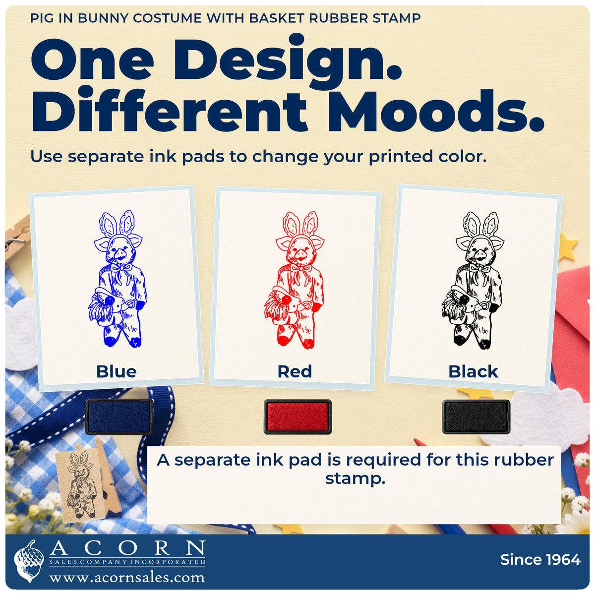 Pig in Bunny Costume with Basket Rubber Stamp ink-color infographic comparing three single-color impressions and a separate ink pad.