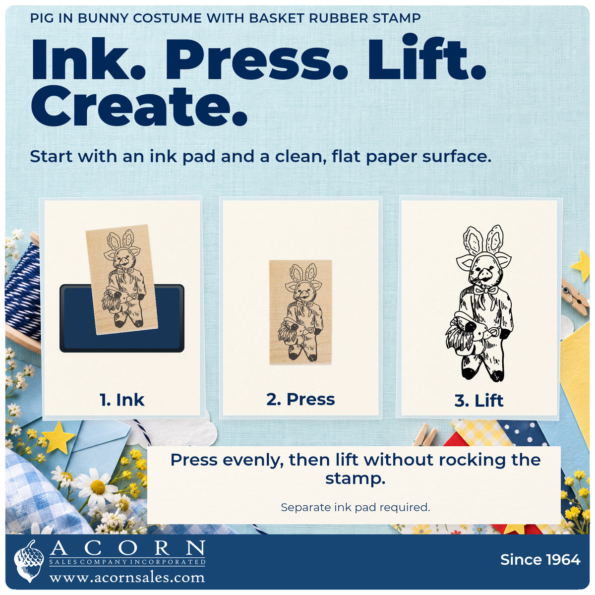 Pig in Bunny Costume with Basket Rubber Stamp stamping guide illustrating how to ink, press and lift the stamp.