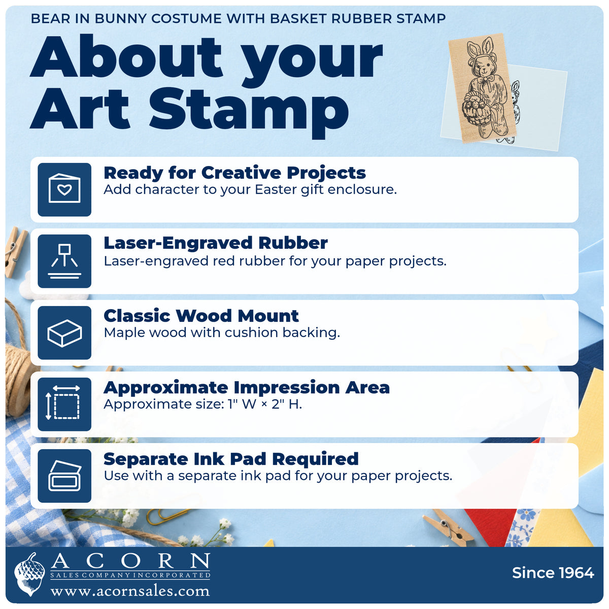 Bear in Bunny Costume with Basket Rubber Stamp feature guide covering the wood mount, rubber construction, approximate size and separate ink pad.