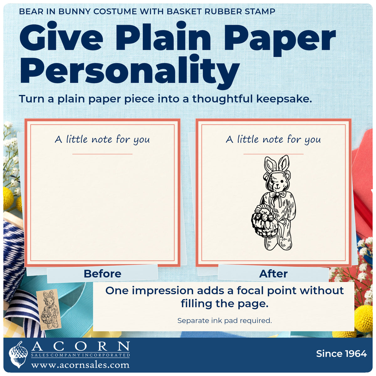 Bear in Bunny Costume with Basket Rubber Stamp before-and-after infographic comparing plain paper with the stamped project.