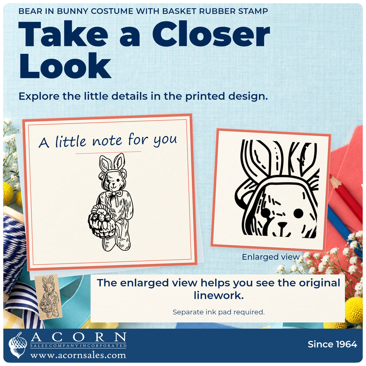 Bear in Bunny Costume with Basket Rubber Stamp detail infographic with an enlarged view of the printed design.
