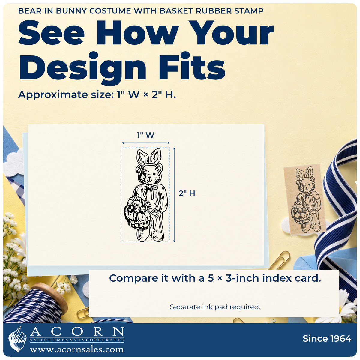 Bear in Bunny Costume with Basket Rubber Stamp impression-size guide showing the design on a paper reference with dimension labels.