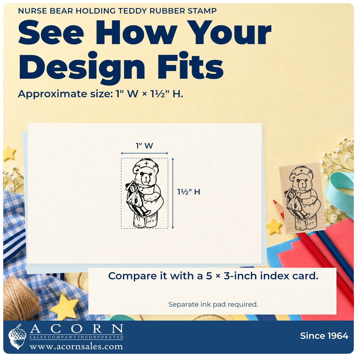 Nurse Bear Holding Teddy Rubber Stamp impression-size guide showing the design on a paper reference with dimension labels.