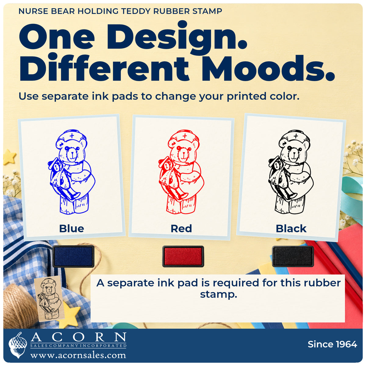 Nurse Bear Holding Teddy Rubber Stamp ink-color infographic comparing three single-color impressions and a separate ink pad.