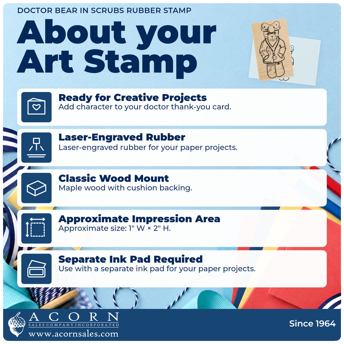 Doctor Bear in Scrubs Rubber Stamp feature guide covering the wood mount, rubber construction, approximate size and separate ink pad.