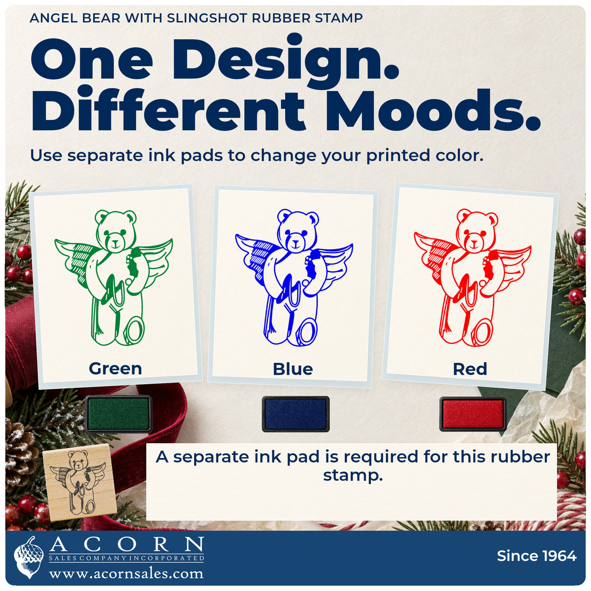 Angel Bear with Slingshot Rubber Stamp ink-color infographic comparing three single-color impressions and a separate ink pad.