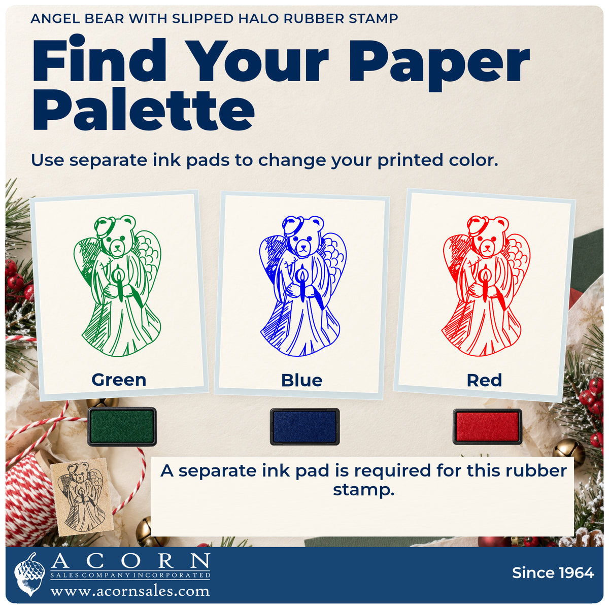 Angel Bear with Slipped Halo Rubber Stamp ink-color infographic comparing three single-color impressions and a separate ink pad.