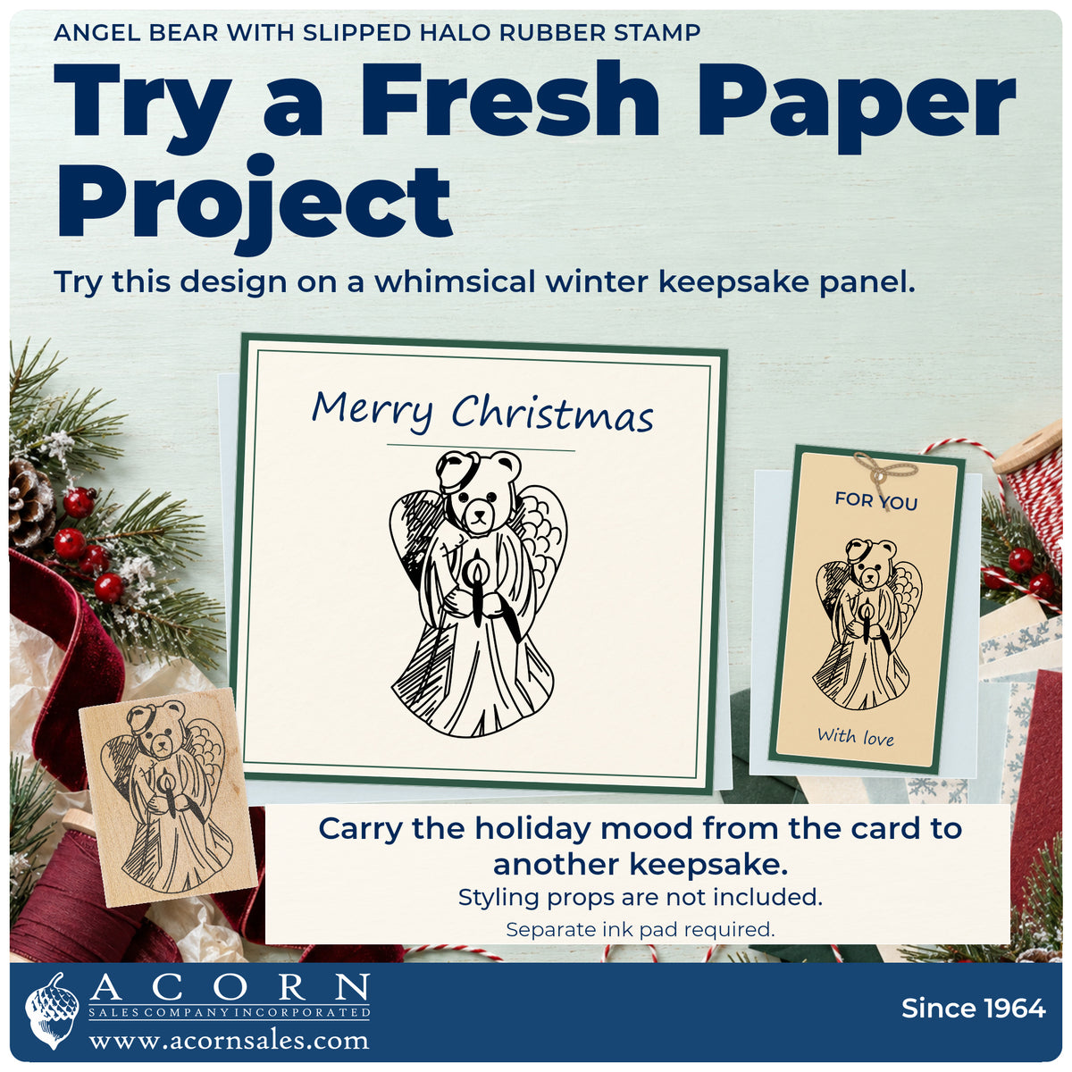 Angel Bear with Slipped Halo Rubber Stamp project inspiration: whimsical winter keepsake panel.