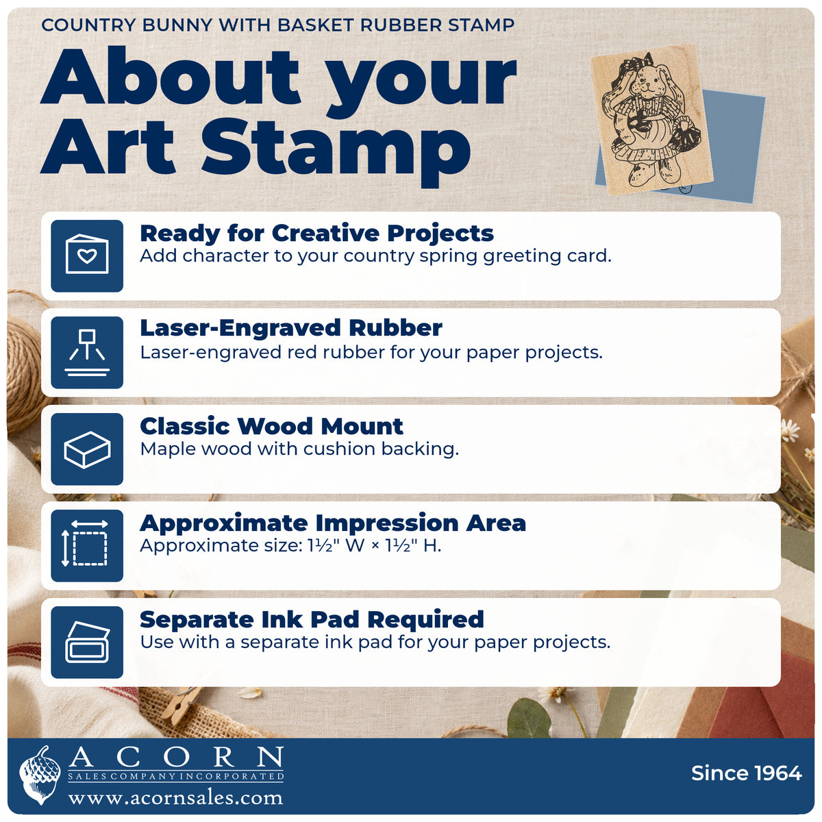 Country Bunny with Basket Rubber Stamp feature guide covering the wood mount, rubber construction, approximate size and separate ink pad.