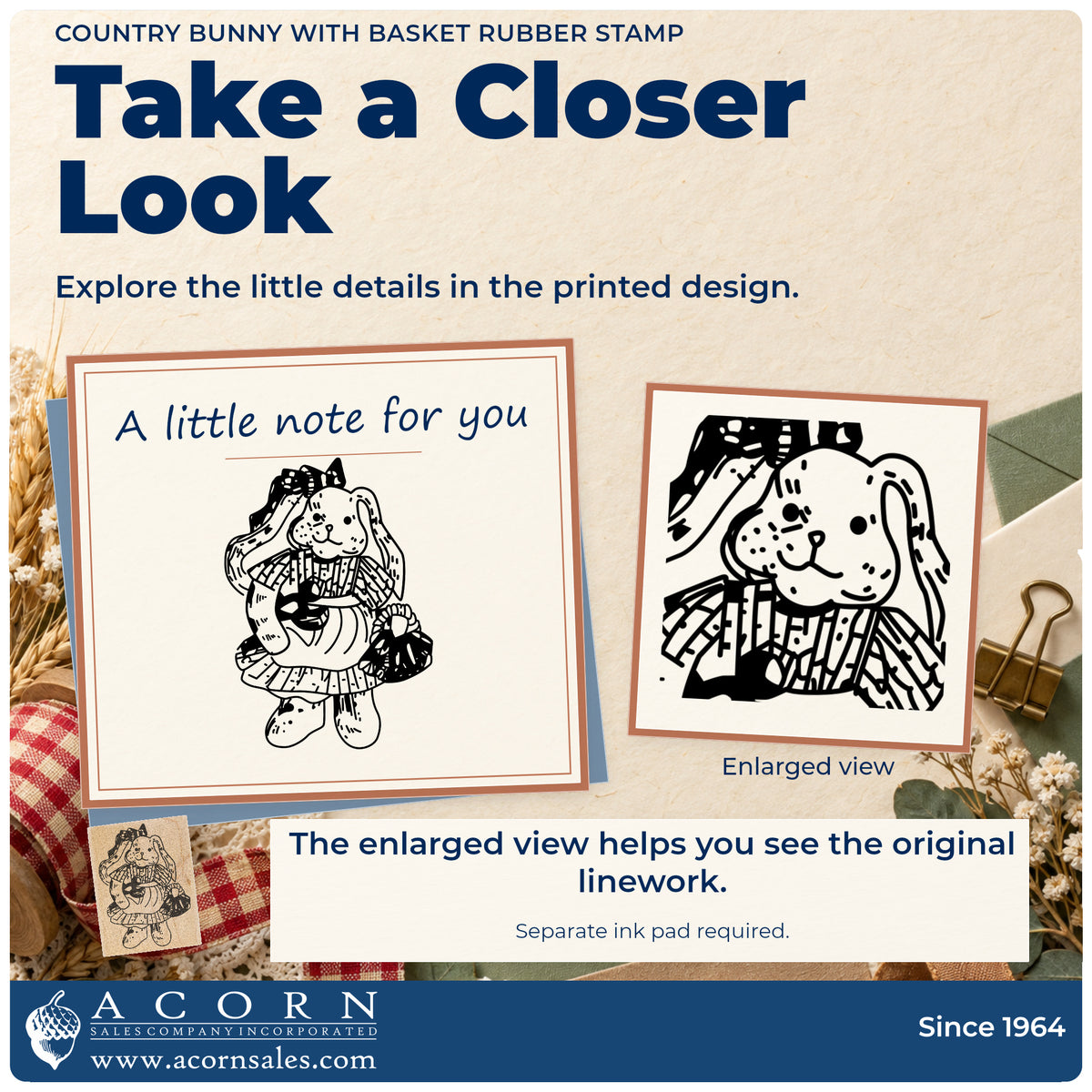 Country Bunny with Basket Rubber Stamp detail infographic with an enlarged view of the printed design.