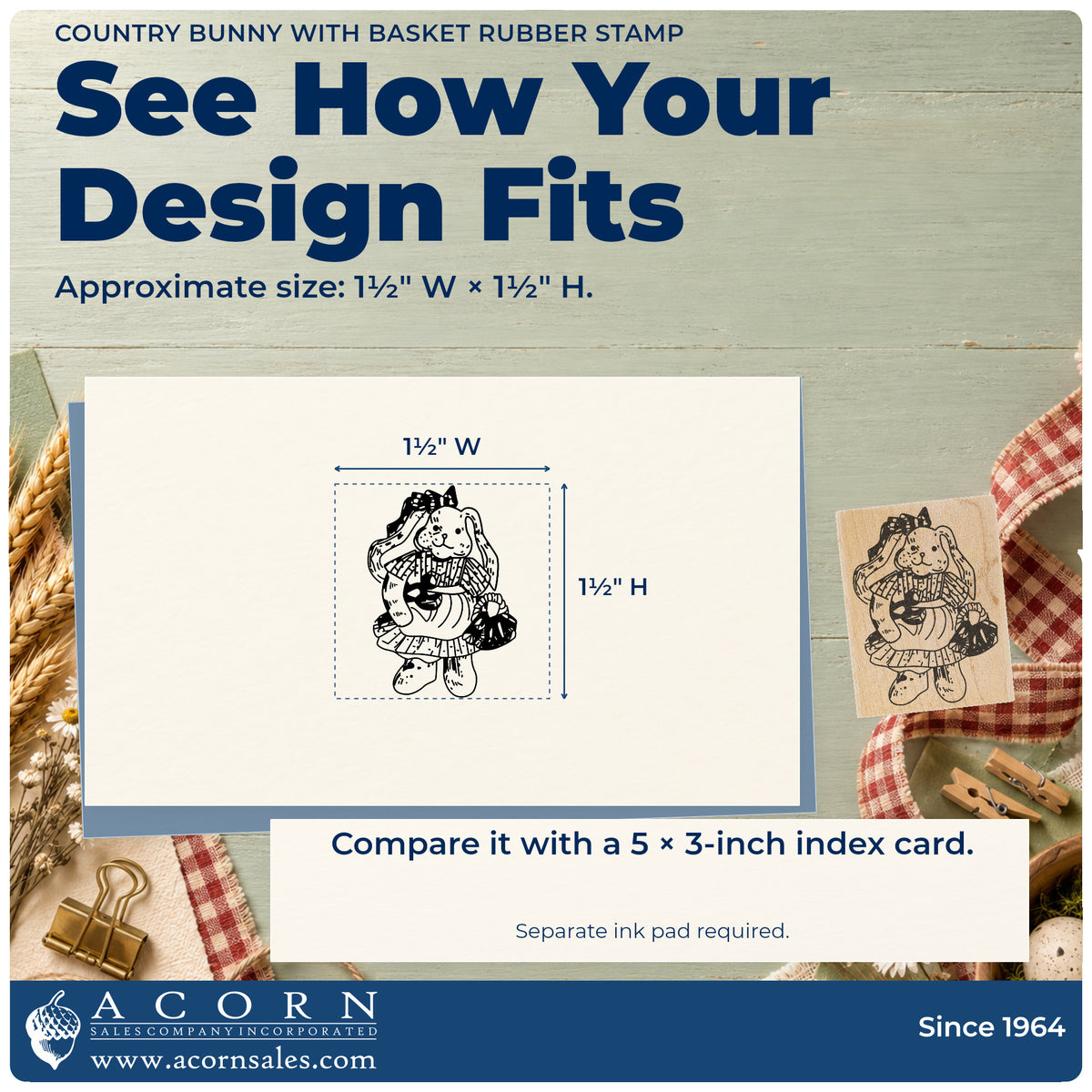 Country Bunny with Basket Rubber Stamp impression-size guide showing the design on a paper reference with dimension labels.