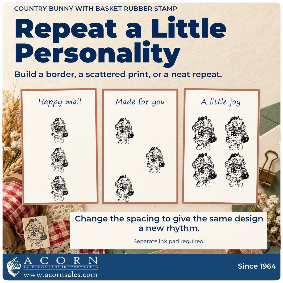 Country Bunny with Basket Rubber Stamp pattern guide showing repeated impressions in borders, scattered prints and a grid.