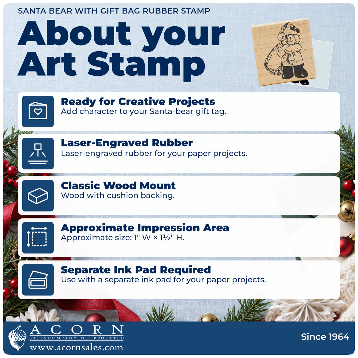 Santa Bear with Gift Bag Rubber Stamp feature guide covering the wood mount, rubber construction, approximate size and separate ink pad.