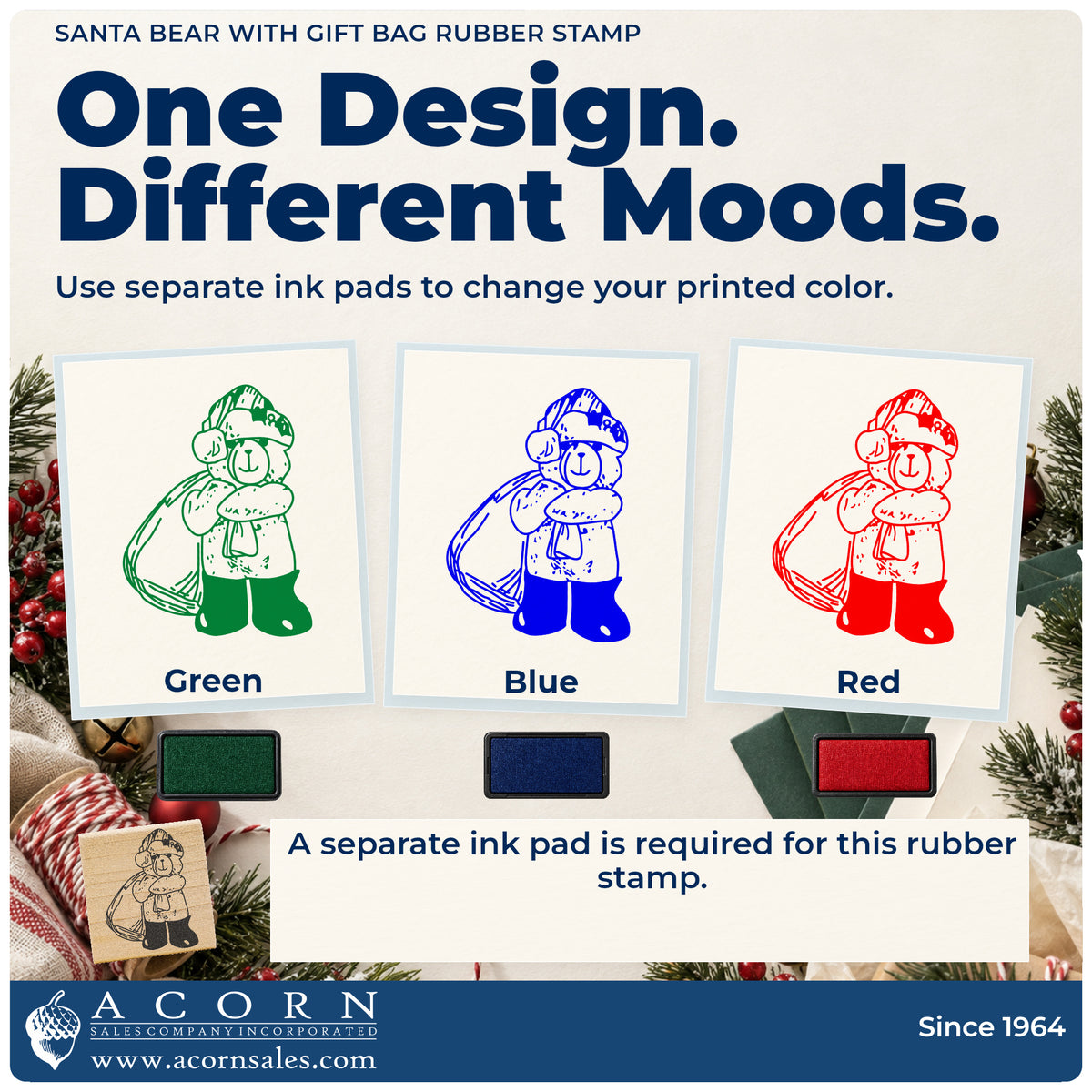 Santa Bear with Gift Bag Rubber Stamp ink-color infographic comparing three single-color impressions and a separate ink pad.