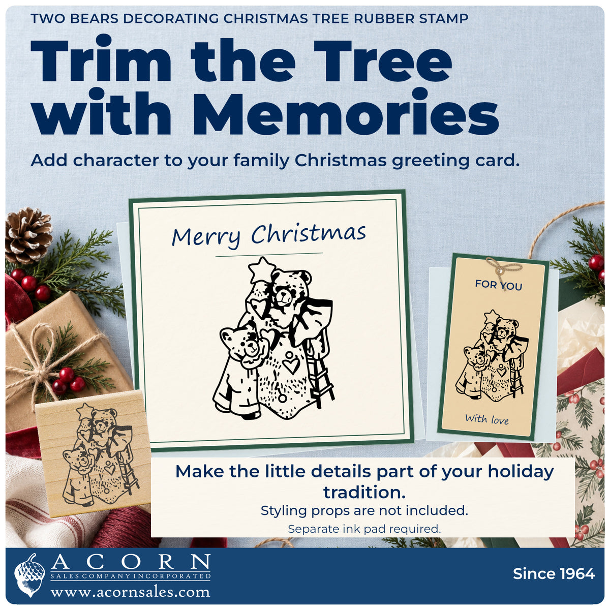 Two Bears Decorating Christmas Tree Rubber Stamp project inspiration: family Christmas greeting card.