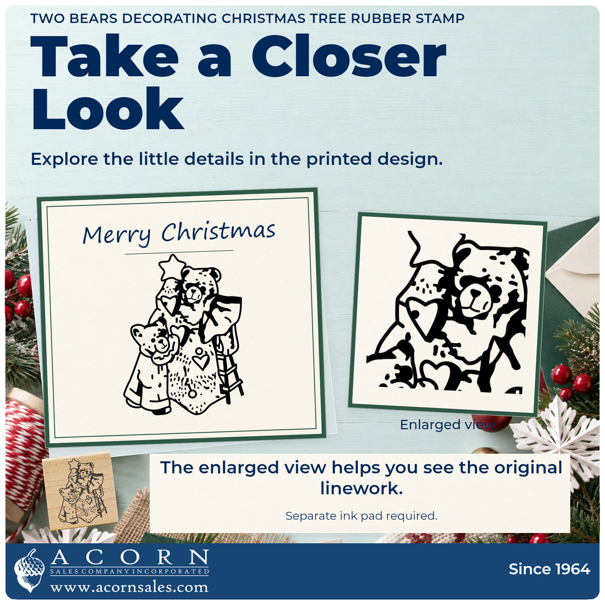 Two Bears Decorating Christmas Tree Rubber Stamp detail infographic with an enlarged view of the printed design.