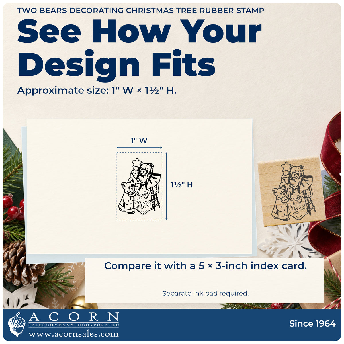 Two Bears Decorating Christmas Tree Rubber Stamp impression-size guide showing the design on a paper reference with dimension labels.
